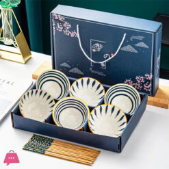 6pcs Koren Style Porcelain Bowl and Chopstick Set, Ceramic Tableware with Camellia Design, Microwave Safe, Round Shape