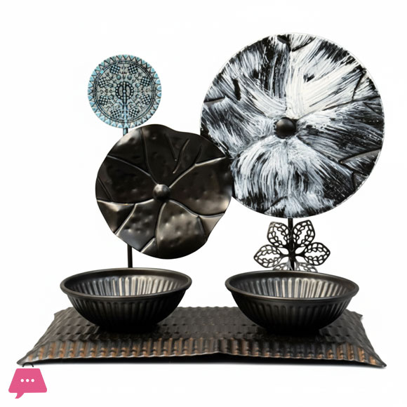 Motifs Lotus Leaf &Amp; Patterned Metal Appetizer Serving Set With Dual Bowls 3 Motifs Lotus Leaf &Amp; Patterned Metal Appetizer Serving Set With Dual Bowls - Image 2