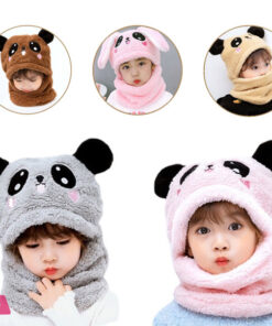 Boys and Girls Adorable Winter Baby Cap Velvet Cartoon Panda & Rabbit Hat with Warm Neck Collar