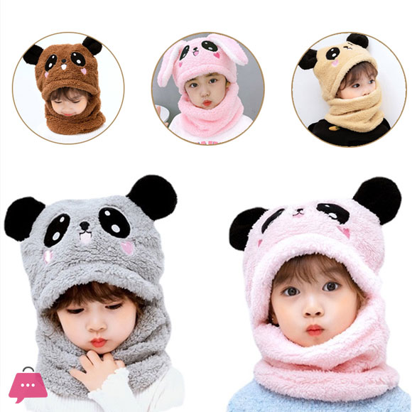Boys And Girls Adorable Winter Baby Cap Velvet Cartoon Panda &Amp; Rabbit Hat With Warm Neck Collar