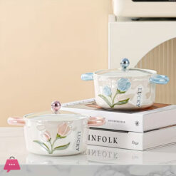 Ceramic Bowl with Lid Pearl Glazed Tulip Double Ear Pasta Bowl