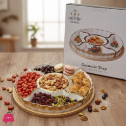 Elegant 6-Piece Ceramic & Bamboo Serving Platter Versatile Divided Appetizer Dish