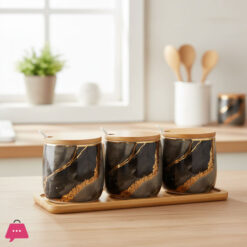 Elegant Marble Ceramic Spice Jars with Bamboo Lids & Stand - Set of 3
