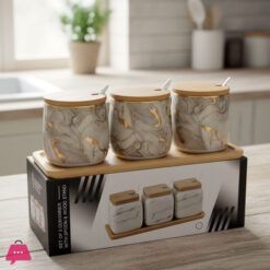 Elegant Marble Ceramic Spice Jars With Bamboo Lids &Amp; Stand - Set Of 3