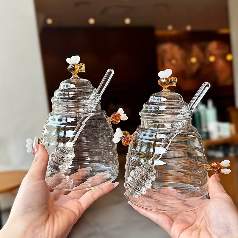 Glass Honeycomb Tank With Dipper &Amp; Lid - Clear Honey Storage Container 6 Glass Honeycomb Tank With Dipper &Amp; Lid - Clear Honey Storage Container