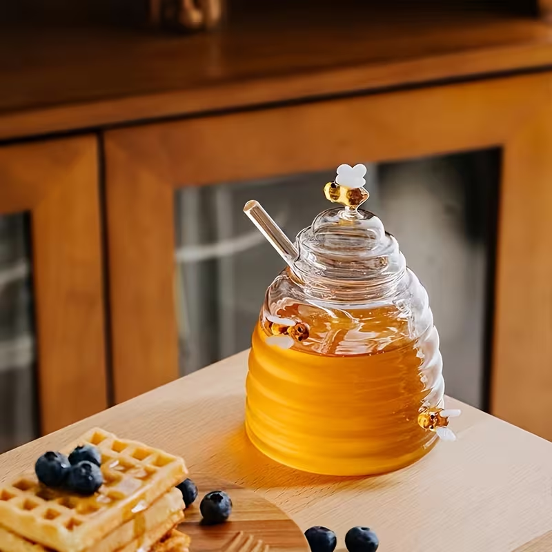 Glass Honeycomb Tank With Dipper &Amp; Lid - Clear Honey Storage Container 7 Glass Honeycomb Tank With Dipper &Amp; Lid - Clear Honey Storage Container