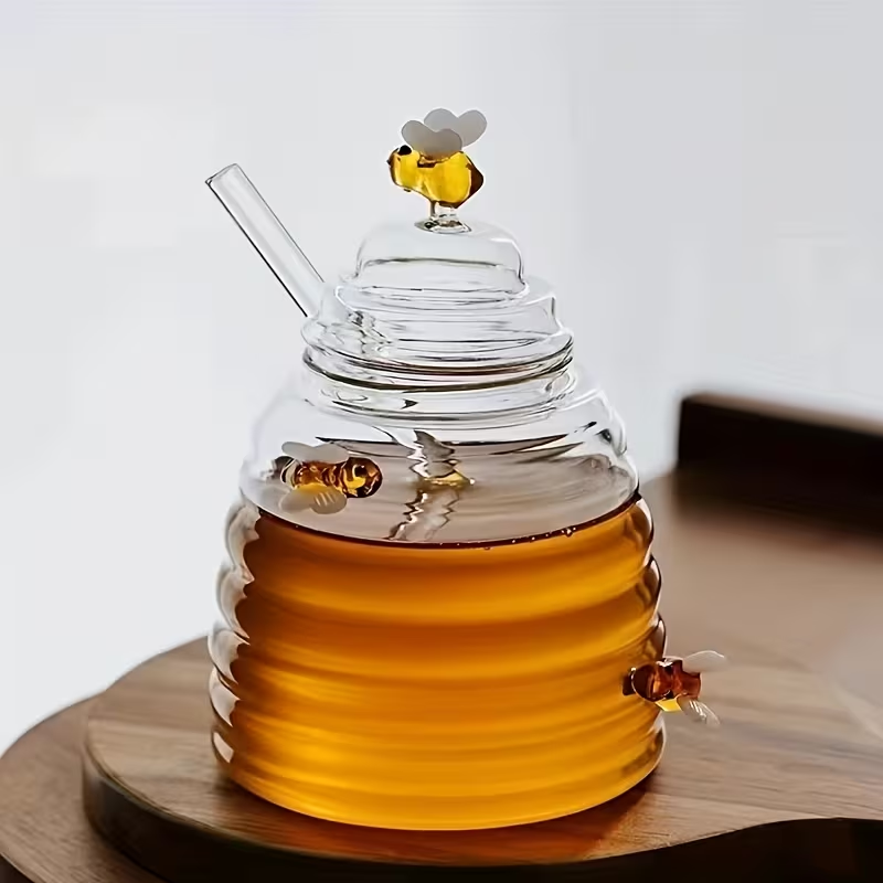 Glass Honeycomb Tank With Dipper &Amp; Lid - Clear Honey Storage Container 10 Glass Honeycomb Tank With Dipper &Amp; Lid - Clear Honey Storage Container