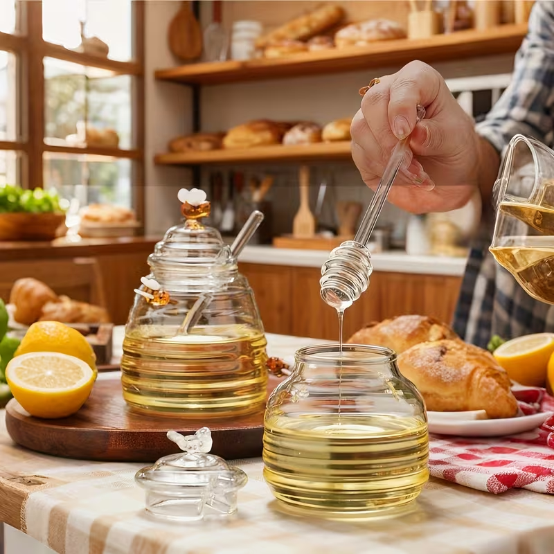 Glass Honeycomb Tank With Dipper &Amp; Lid - Clear Honey Storage Container 12 Glass Honeycomb Tank With Dipper &Amp; Lid - Clear Honey Storage Container
