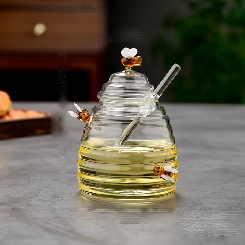 Glass Honeycomb Tank With Dipper &Amp; Lid - Clear Honey Storage Container