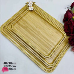 Luxury Bamboo Serving Trays Stackable Serving Trays with Gold Colored Rims Floral Accents 3 - Pcs