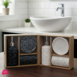 Modern Speckled Ceramic 3-Piece Bathroom Accessory Set - Soap Dispenser, Dish & Tumbler | Black & White
