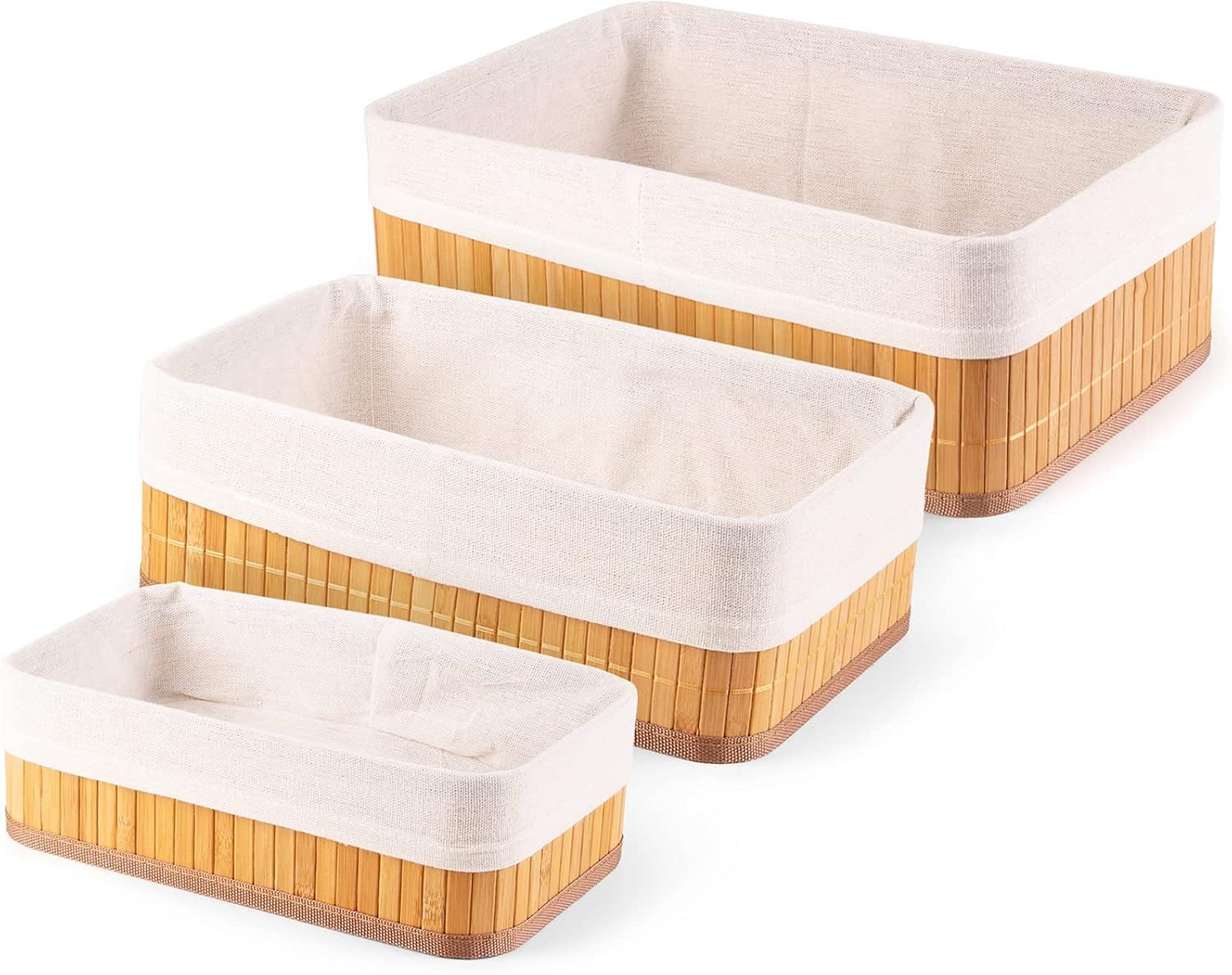 Natural Bamboo Storage Baskets With Fabric Lining Set Of 3