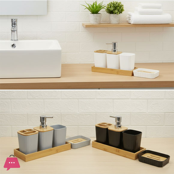 Plastic Bathroom Set 5 Piece With Bamboo Wood Tray 4 Plastic Bathroom Set 5 Piece With Bamboo Wood Tray - Image 2