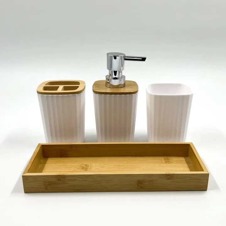Plastic Bathroom Set 5 Piece With Bamboo Wood Tray