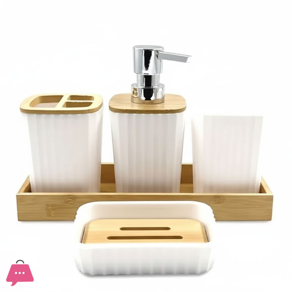 Plastic Bathroom Set 5 Piece With Bamboo Wood Tray 3 Plastic Bathroom Set 5 Piece With Bamboo Wood Tray