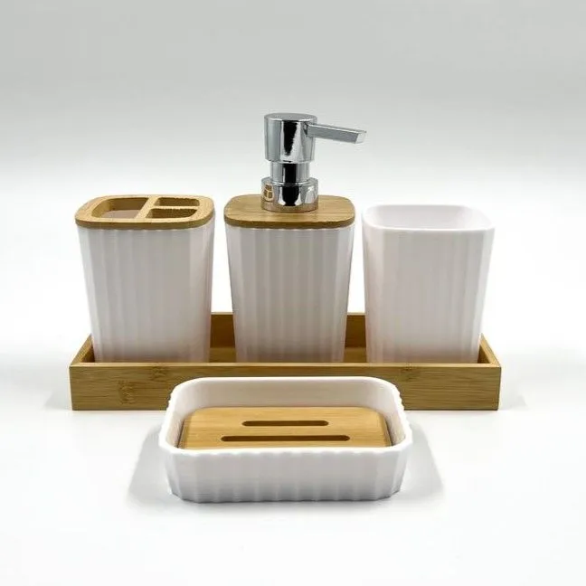 Plastic Bathroom Set 5 Piece With Bamboo Wood Tray 6 Plastic Bathroom Set 5 Piece With Bamboo Wood Tray