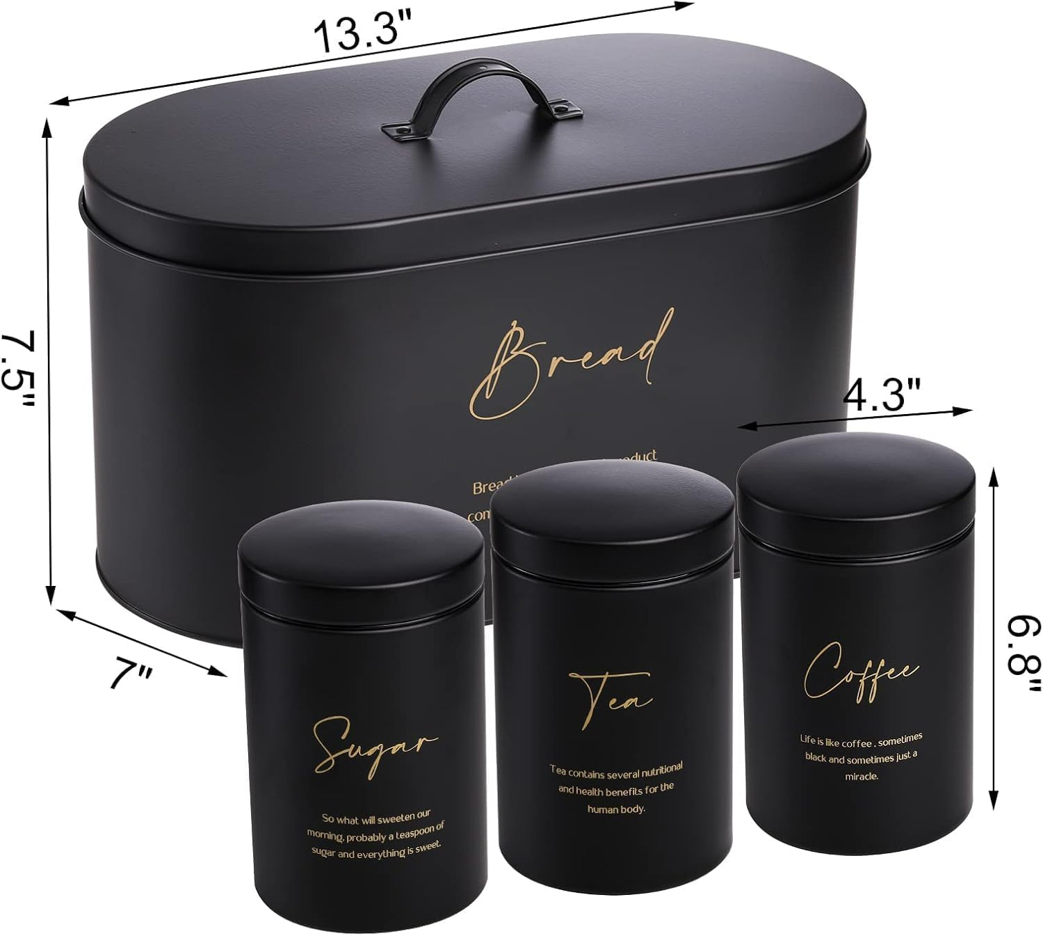 Set Of 4 Bread Box And Canister Set For Kitchen Countertop, Metal Bread Bin Sugar Tea Coffee Storage Canister With Lid,