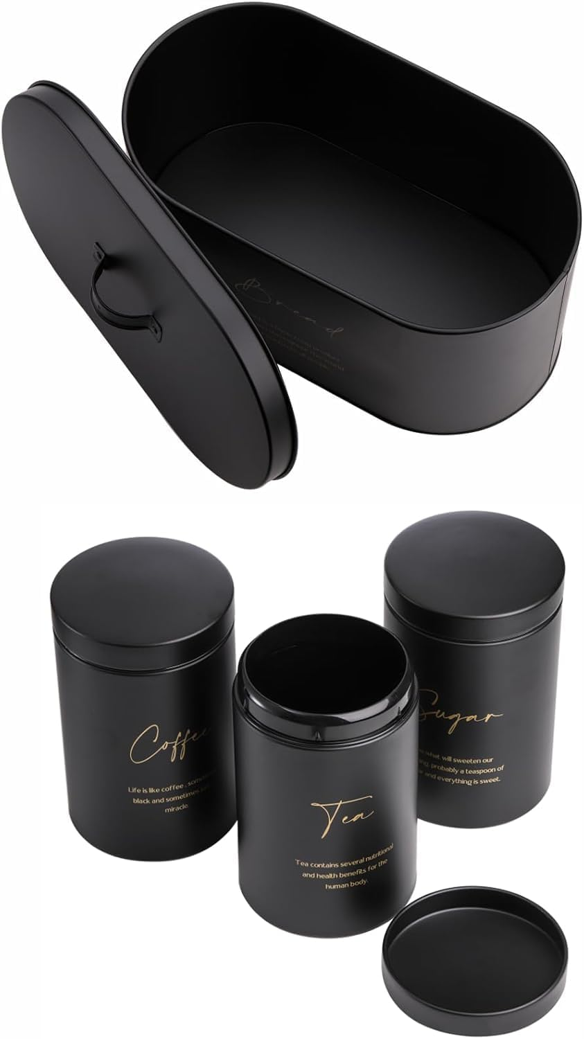 Set Of 4 Bread Box And Canister Set For Kitchen Countertop, Metal Bread Bin Sugar Tea Coffee Storage Canister With Lid, 10 Set Of 4 Bread Box And Canister Set For Kitchen Countertop, Metal Bread Bin Sugar Tea Coffee Storage Canister With Lid,