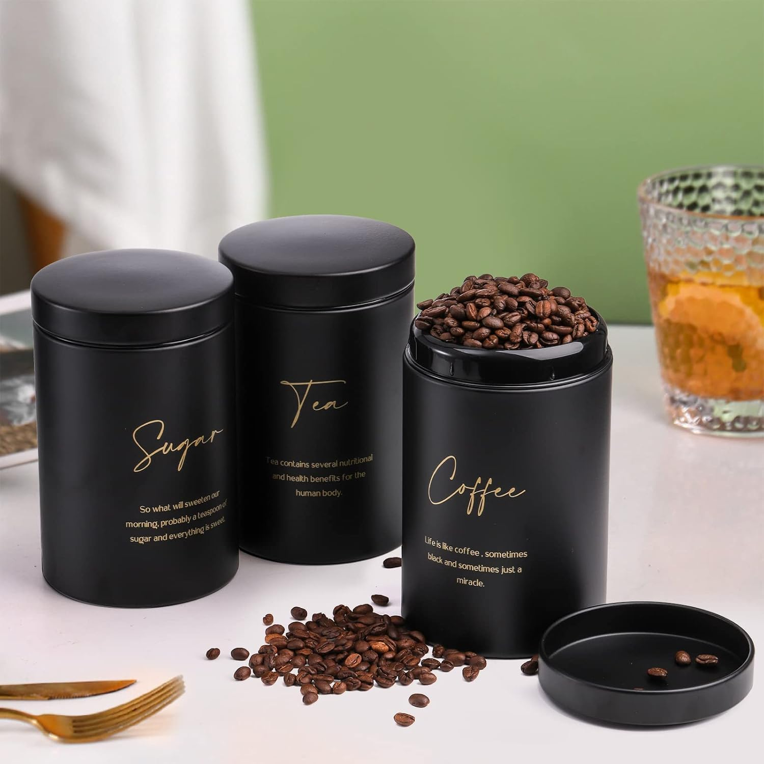 Set Of 4 Bread Box And Canister Set For Kitchen Countertop, Metal Bread Bin Sugar Tea Coffee Storage Canister With Lid,