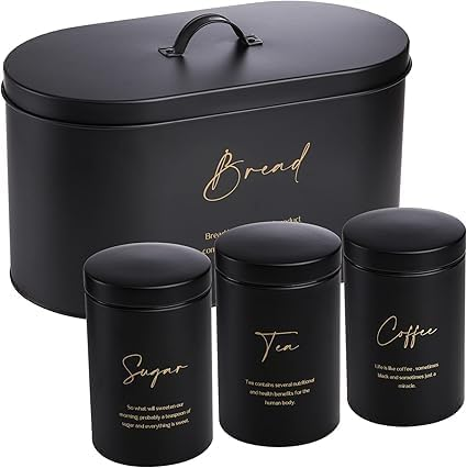 Set Of 4 Bread Box And Canister Set For Kitchen Countertop, Metal Bread Bin Sugar Tea Coffee Storage Canister With Lid,