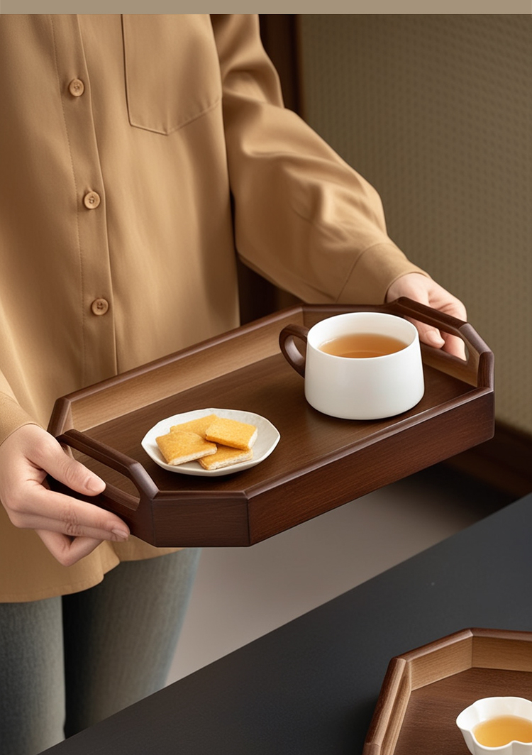 Walnut Shaped Octagonal Handle Tray Set 3 Pcs