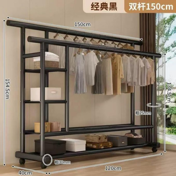 Heavy-Duty Double Rod Clothes Rack with Storage Shelves & Wheels ...
