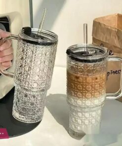 Glass Tumbler with Handle & Straw – 750ml Leak-Proof Mug