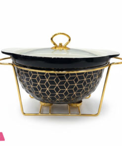 Black & Gold Serving Bowl with Glass Lid Round Chafing Dish Elegant Gold Stand 10.5 Inch