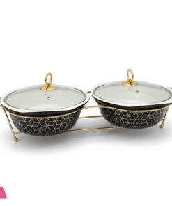 Black & Gold Twin Ceramic Dishes Buffet Dish Premium Gold-Plated Stainless Steel Stnad Rectangle