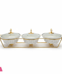 Triple Wavy Ceramic Dishes Buffet Dish Gold-Plated Stainless Steel Stand Oval 9 Inch