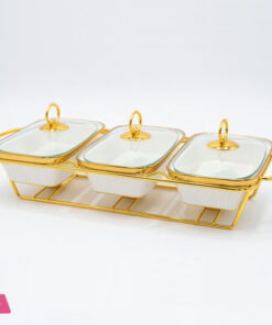 Triple Wavy Ceramic Dishes Buffet Dish Gold-Plated Stainless Steel Stand Oval 9 Inch 9 Triple Wavy Ceramic Dishes Buffet Dish Gold-Plated Stainless Steel Stand Oval 9 Inch - Image 2