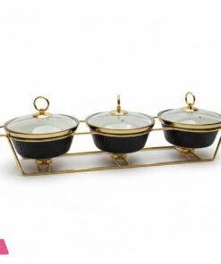 Triple Wavy Ceramic Dishes Buffet Dish Gold-Plated Stainless Steel Stand Oval 9 Inch - Black Oval