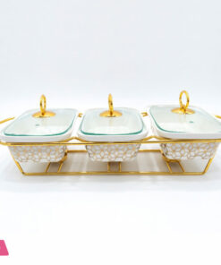 Triple Wavy Ceramic Dishes Buffet Dish Gold-Plated Stainless Steel Stand Oval 9 Inch 13 Triple Wavy Ceramic Dishes Buffet Dish Gold-Plated Stainless Steel Stand Oval 9 Inch - Image 6