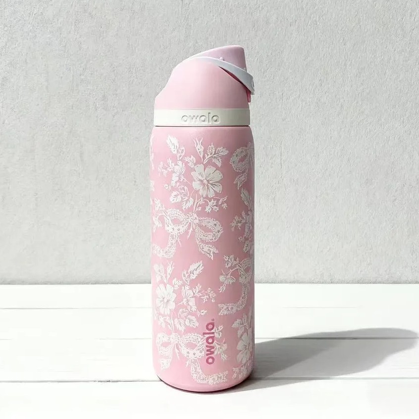 32oz-owala-freesip-×-uo-limited-edition-ribbon-toile-pink-lace-design-owala-cup-with-straw-insulated-stainless-steel-thermos-cup-water-bottle-for-travel-bpa-free-sports