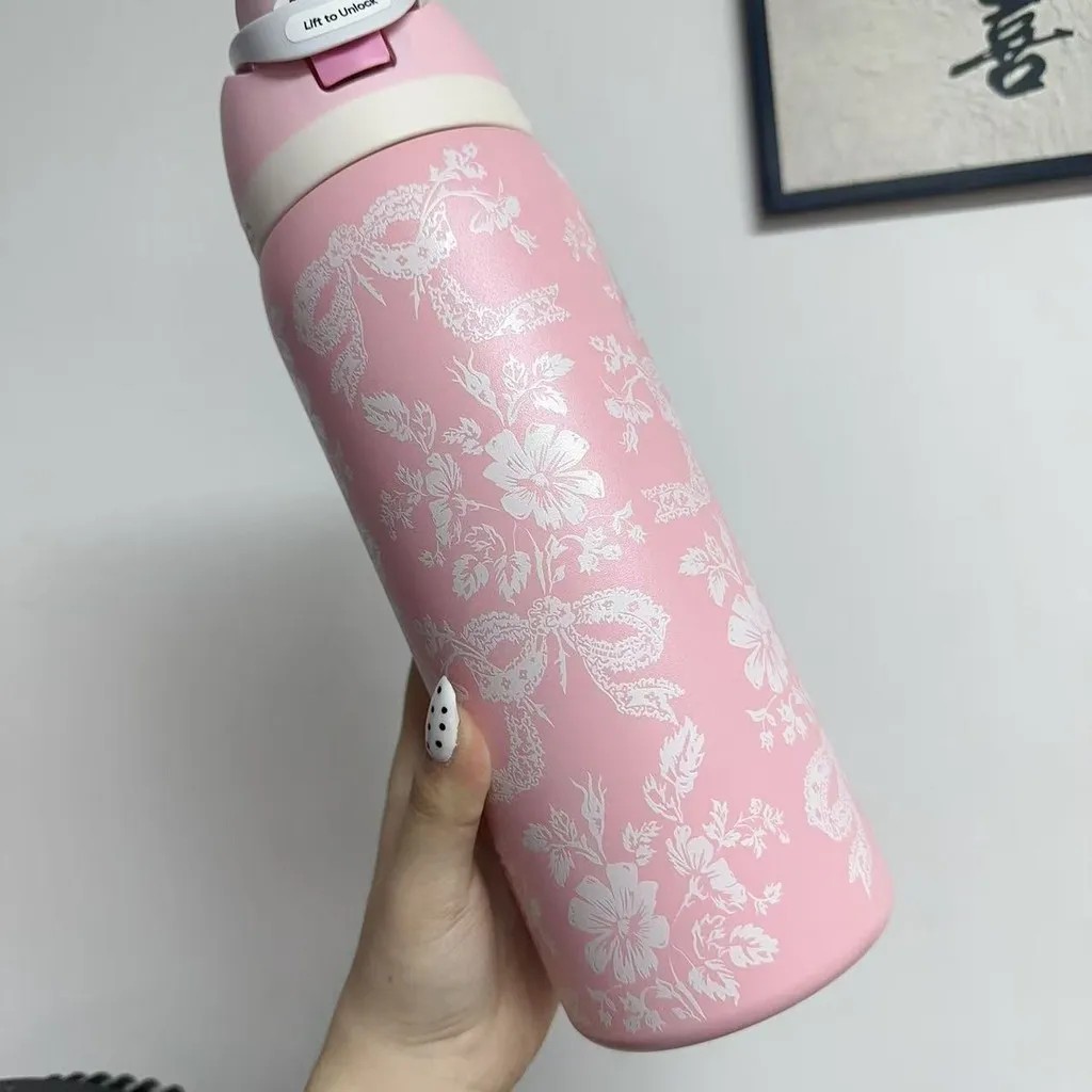 32oz-owala-freesip-×-uo-limited-edition-ribbon-toile-pink-lace-design-owala-cup-with-straw-insulated-stainless-steel-thermos-cup-water-bottle-for-travel-bpa-free-sports