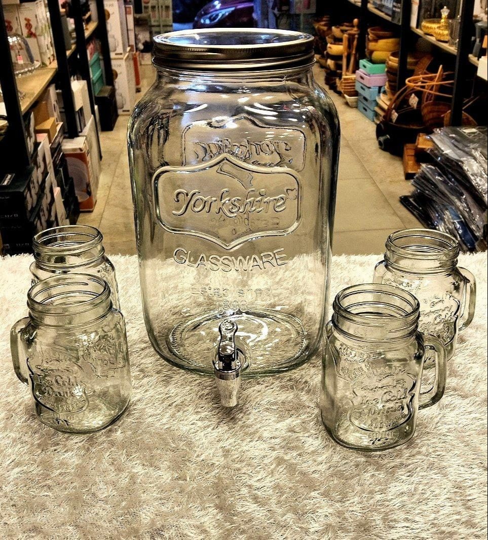 glass-beverage-dispenser-5pcs-set-8-litre-drink-server-with-4-mason-jar-520ml