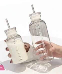Glass Water Bottle with Straw Clear Kawaii Drinking Bottle Leakproof Iced Coffee Cup 500/750ml