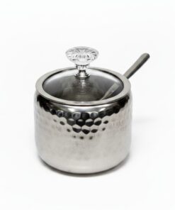 Hammered Design Steel Sugar Bowl with Lid & Spoon - Glass Lid