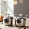 Hammered Design Steel Sugar Bowl With Lid &Amp; Spoon