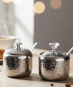 Hammered Design Steel Sugar Bowl with Lid & Spoon