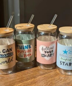 Tall Glass In All Its Glory 450ml Can Glass with Lid & Straw Leather Sleeve Cup