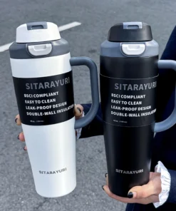 SITARAYURI Dual-Drink Insulated Tumbler 1.2L Stainless Steel Handled Cup Flip-Top Direct Sip & Straw Cup