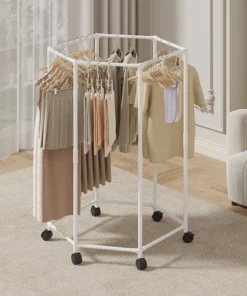 Hexagonal Rotating Clothes Rack Metal Clothes Drying Rack Movable Balcony Bedroom Clothing Storage Rack With Wheels