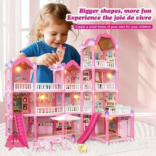 Villa-Kids-Doll-House-Playset-3-Story-Princess-Dream-Home-258Pcs-With-Slide-Balcony-And-Garden-For-Girls-Ages-3+