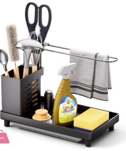 Kitchen Sink Organiser - Utensils Basket for Kitchen & Bathroom with Drip Tray, Adhesive Worktop Dual-Use Sponge Brush Soap Dish Holder, for Towels, Towels