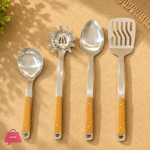 4 Pcs Stainless Steel Cooking Spoon Set Wooden Handle - High Quality 4 4 Pcs Stainless Steel Cooking Spoon Set Wooden Handle - High Quality - Image 2