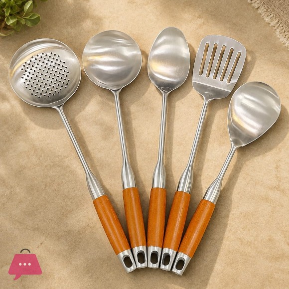 5 Pcs Stainless Steel Cooking Spoon Set Wooden Handle – High Quality