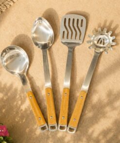 4 Pcs Stainless Steel Cooking Spoon Set Wooden Handle - High Quality