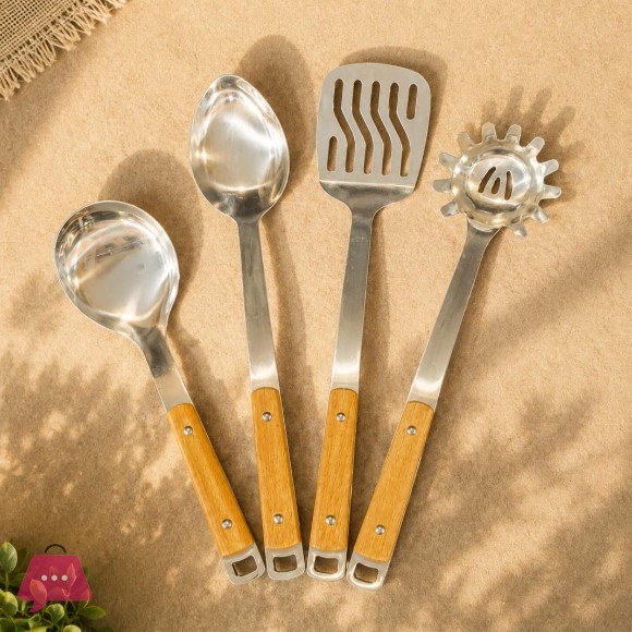 4 Pcs Stainless Steel Cooking Spoon Set Wooden Handle - High Quality