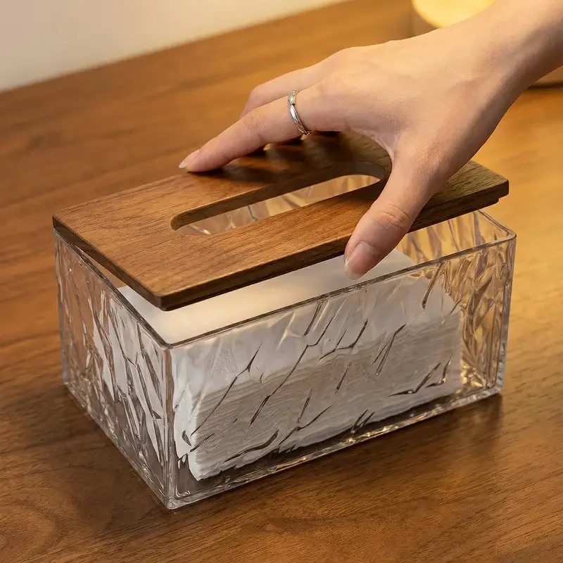 1 crystal texture acrylic tissue box with wooden lid modern minimalist napkin holder room coffee table desktop tissue storage bathroom decorative ornament Product details 0